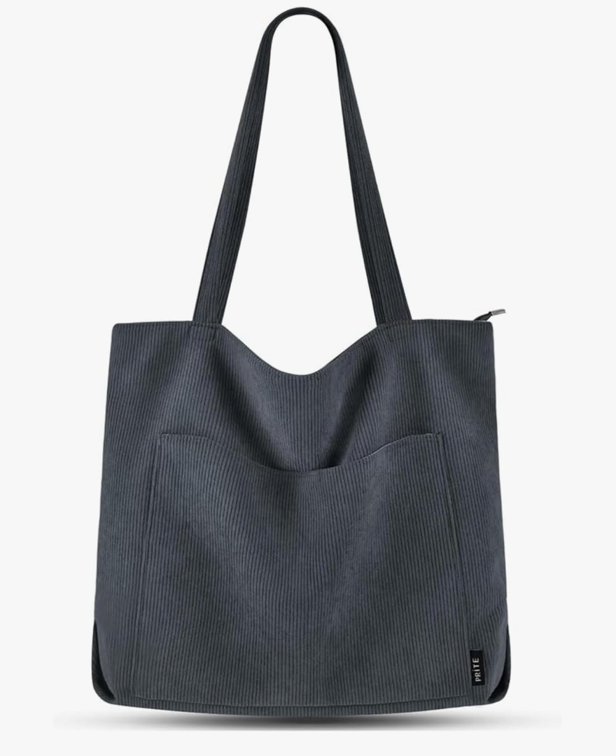 Prite Corduroy Tote Bag for Women Large Shoulder Bag with Zipper and Pockets for College Work Travel Shopping