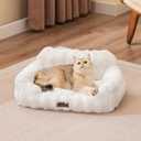 Orthopedic Cat Couch Bed for Indoor Cats, Cute Pet Sofa with Supportive Egg Foam, Fluffy Faux Fur Removable Washable Cover and Non-Slip Bottom, Ivory White