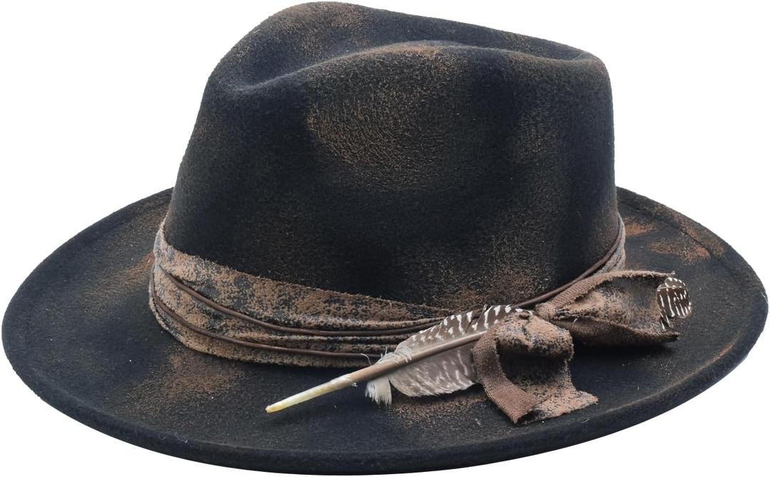 Yosang Womens & Mens Fedora Hats Vintage Wide Brim Felt Panama Rancher Hat (One Size, Black)