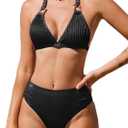 CUPSHE Women's Two Piece Bikini Sets V Neck Bathing Suits Textured Halter Side Shirred Back Hook Adjustable Straps, L