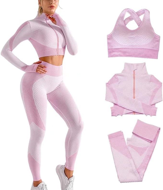 Women's 3pcs Seamless Outfits Workout Sets,Gym Clothes Yoga Sportswear Leggings and Stretch Sports Bra Gym Set 3XL