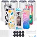 8 Pack 20oz Sublimation Tumbler Blanks Skinny Straight in Bulk, Stainless Steel Insulated Sublimation Tumbler with Polymer Coating for Heat Transfer, with Lid, Straw, Ribbon, Gift Box (1 Printed On (5 Blank 1 Printed) Printed Coach Cup)