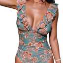 CUPSHE Women's Ruffled One Piece Swimsuit V Neck Lace Up (Pine Green/Red Floral)