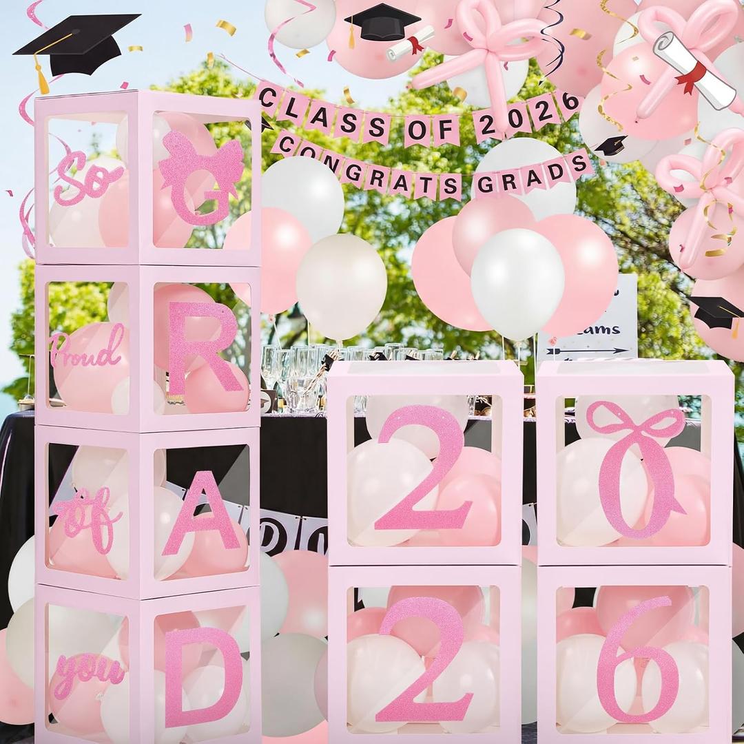 240 Pcs 2026 Graduation Bow Graduation Decorations Balloon Box with Letter 2026 Grad & So Proud of You Coquette Balloons Class of 2026 Congrats Grad Party Decorations for College High School(Pink)