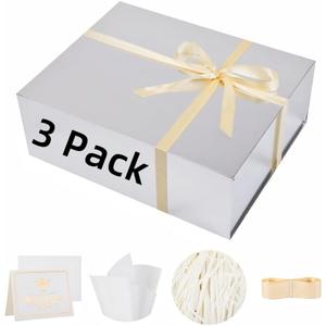 UoeRing 3 Pack Extra Large Silver Gift Box 20x16x7 inch Luxury Gift Box for Presents with Magnetic Closure Lid Collapsible,Birthday,Christmas,Contains Card, Ribbon,Tissue Paper,Shredded Paper Filler, 1 Count