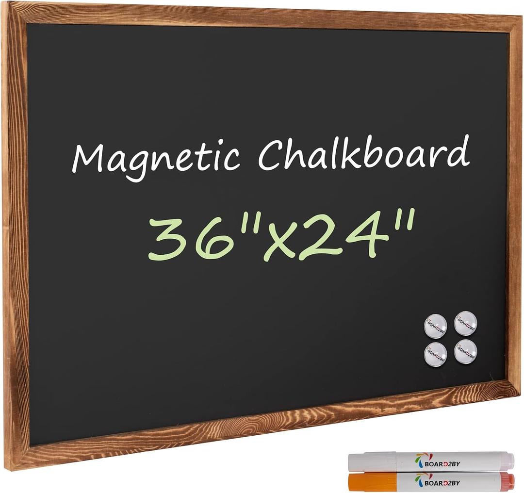 Rustic Wood Framed Magnetic Chalkboard 24 x 36, Large Hanging Chalk Board Sign for Kids, Non-Porous Wall Blackboard for Wedding Kitchen Restaurant Menu and Home with 4 Unique Magnets, Brown