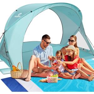 Beach Tent Sun Shelter, Beach Tent with Beach Mat Set, 4 Person Portable Beach Shade Canopy with UPF 50 UV Protection, Dual-Door Ventilation Design, Easy Setup Family Beach Umbrella (Green)