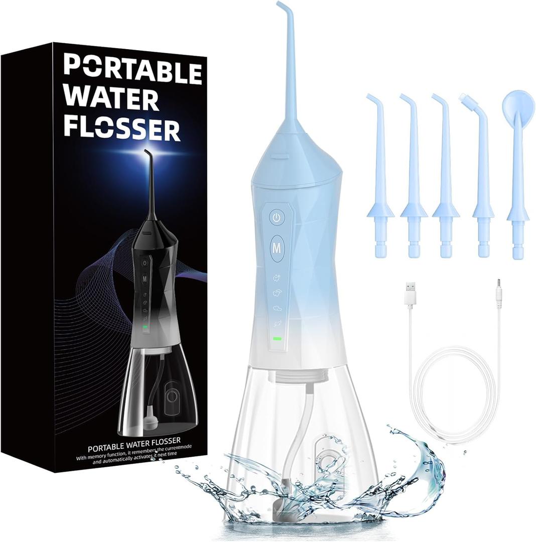 Water Dental Flosser Teeth Pick: Portable Cordless Oral Irrigator 320ML Rechargeable Travel Irrigation Cleaner with 5 Flossing Tips, IPX7 Waterproof Electric Flossing Machine for Teeth Cleaning (Blue)