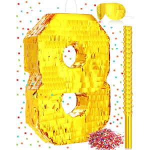Sratte Piata Birthday Party Decorations Gold Foil Piata with Stick Blindfold Confetti for Boy Girl Birthday Anniversary Celebrations Fiesta Supplies(Number 8)