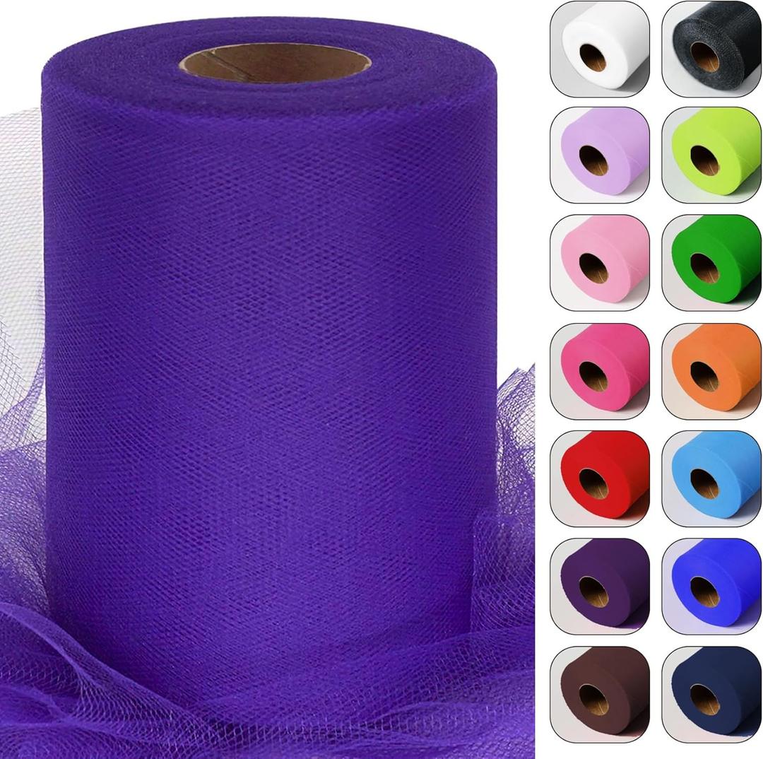 Purple Tulle Fabric Roll 6 Inch by 100 Yards (300 feet) Sheer Netting Spool for Tutu Skirt Gift Wrapping Wedding Baby Shower Halloween Party Decorations DIY Crafts