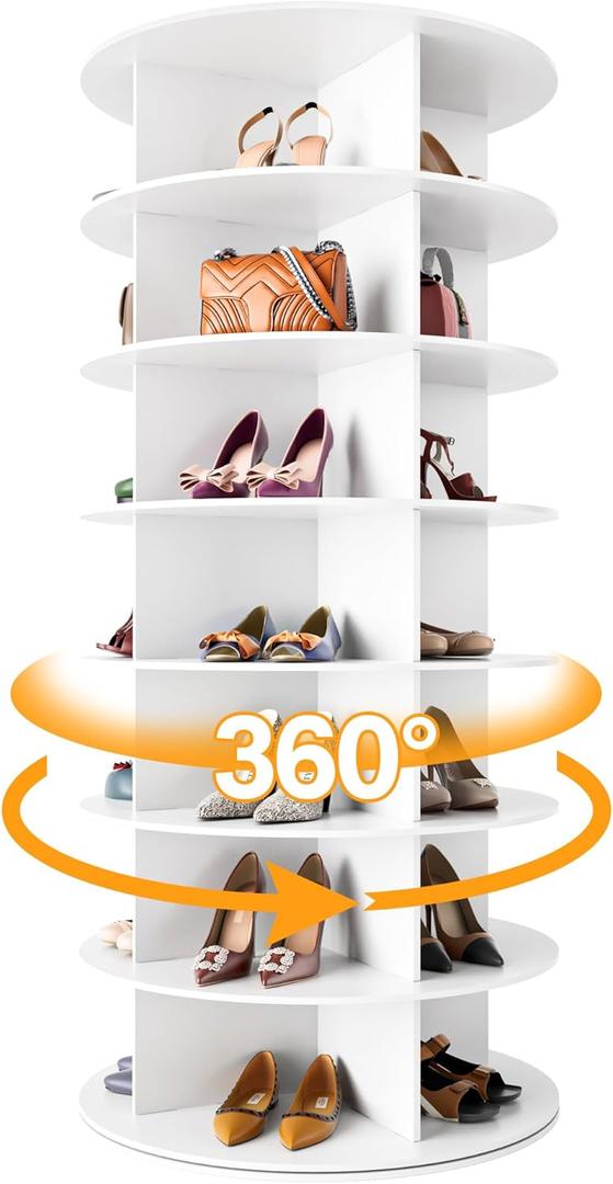 MAGIC UNION Rotating Shoe Rack Tower 7 Tier Organizer, Vertical Spinning Shoe Display Lazy Susan, Revolving 360 White Shoe Rack Storage Round Carousel, Rotate Shoes Closet Organization