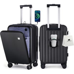 BISON DENIM 20 Inch Carry On Luggage, PC Lightweight Hardside Expandable Carry-On Luggage Airline Approved With Spinner Wheels, Front Compartment, Cup Holde, TSA-approved Lock, USB Port, Black