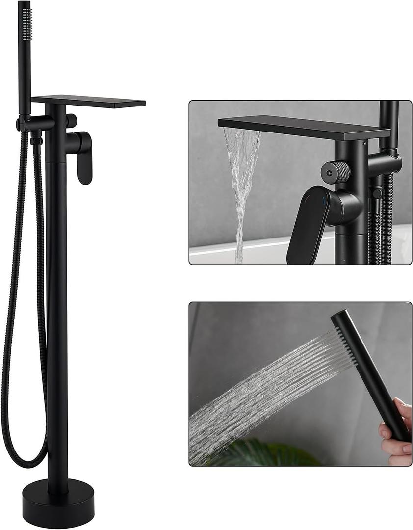 Freestanding Bathtub Faucet, Floor Mount tub filler, Matte Black | Wide Flat Spout Storage,Waterfall Flow,Brass+304 Stainless Steel