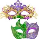 2025 Masquerade Masks for Couples, Shiny Rhinestone Metal Filigree Venetian Mask & Mens Venetian Mask for Mardi Gras