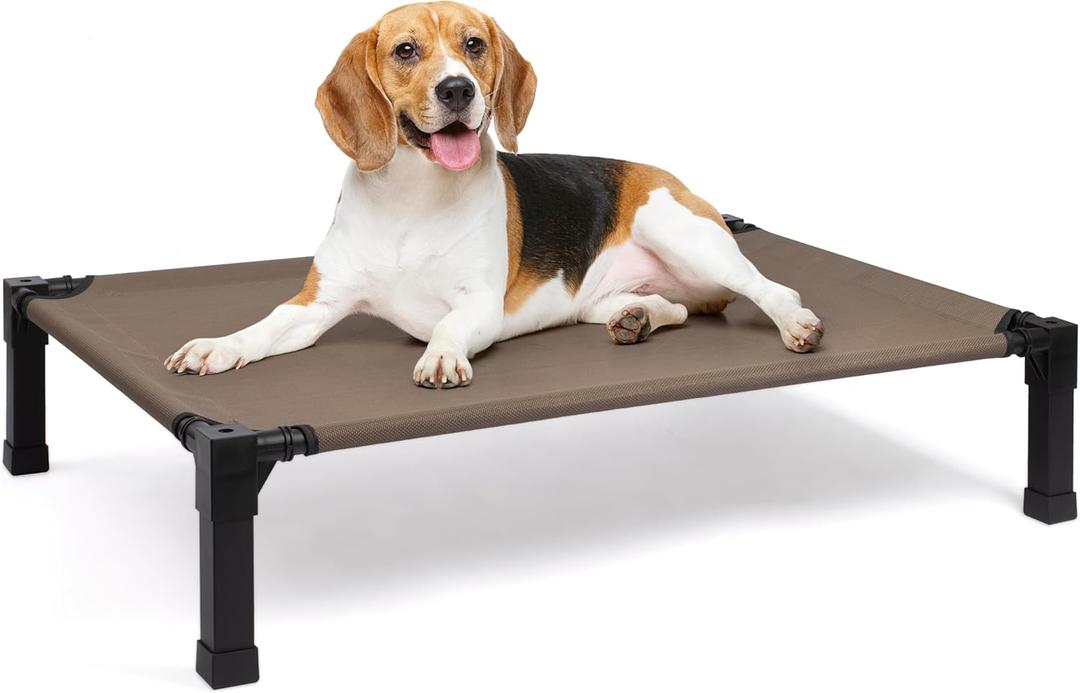 Heeyoo Elevated Dog Bed, Cooling Raised Pet Cot with Chew Proof Washable Breathable Mesh and Metal Frame, Portable Dog Cot Bed with No-Slip Feet for Outdoor or Indoor Use (42"L x 30"W x 8.4"H, Brown)