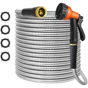 Metal 100 FT Garden Hose, Stainless Steel Heavy Duty Water Hoses Adjustable Spray Nozzle Lightweight No Kink Garden Hoses for Yard, Outdoor,Car
