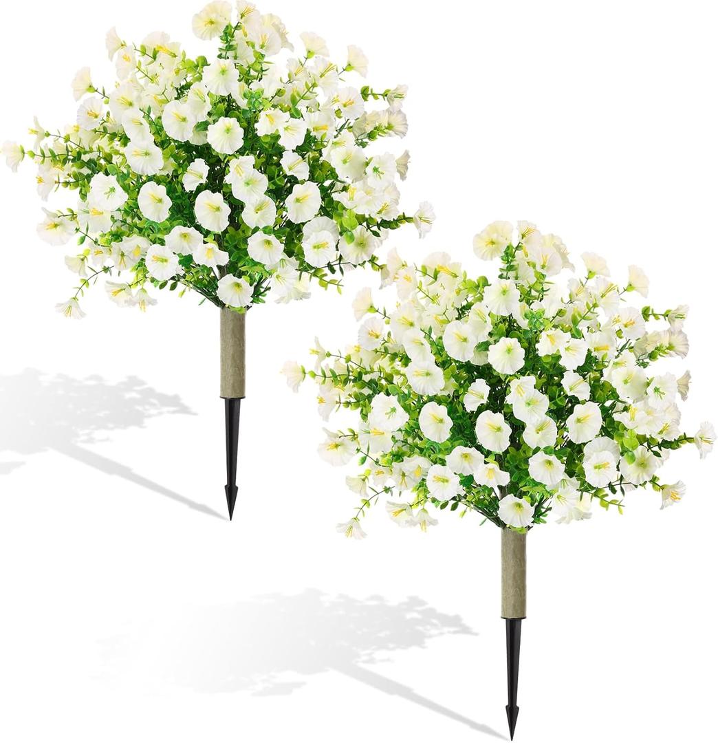 Yunlly 24" Set of 2 Artificial Topiary Ball with Fake Morning Glory Real Looking Flowers Outdoor with Spike, UV Resistant Faux Bush Shrub for Front Porch Garden Indoor Decor(White)