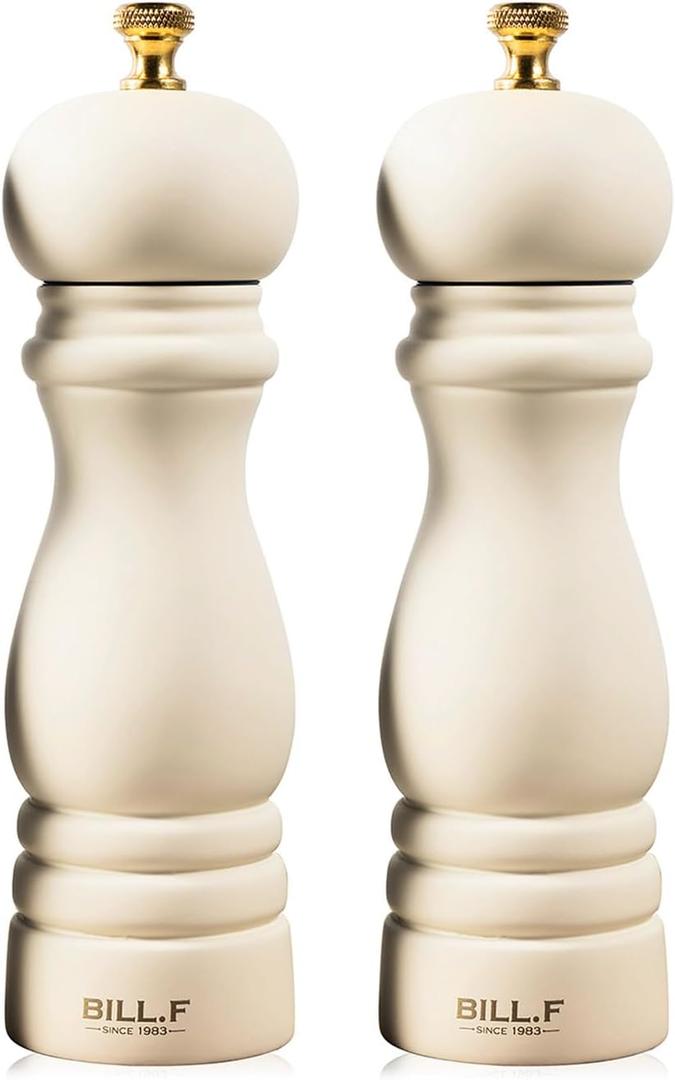 BILL.F Salt and Pepper Grinder Wooden Pepper Mill Grinder White Salt Pepper Shakers Set of 2 with Adjustable Ceramic Rotor- 7 Inch