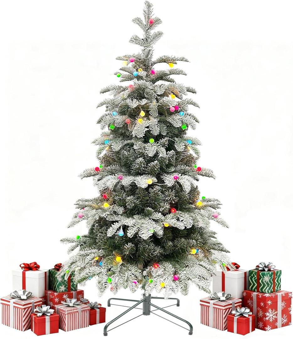 4ft Flocked Christmas Tree Prelit, Lighted Aspen Fir Christmas Tree with Multicolor Global Lights and Metal Stand, Slim PE & PVC Mixed Layered Flocked Xmas Tree for Holiday Home Decor