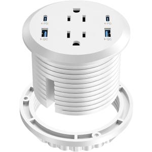Desktop Power Grommet, 65W USB C Fast Charging, Flush Mount Recessed Power Strip 3-Inch Hole, 2 Outlets, 4 USB Ports, Countertop Outlet (White)