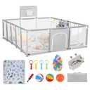 Baby playpen, 79"x71"Baby Playpen with Mat IndoorOutdoor Playpen for Babies and Toddlers with Breathable Play Pen with Ocean Balls Hanging Pocket Basketball Hoop (Light Gray)