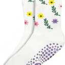 Women Floral Grip Socks Non Slip Cotton Crew Socks 1 Pair / 3 Pairs Soft Cute Flower Socks (US, Alpha, One Size, Regular, Regular, 1, White Purple Flowers