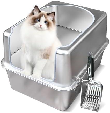 Aothey Stainless Steel Litter Box with Metal Lid and Scoop - Enclosed Metal Litter Box for Large Cats, Rust-Resistant, Odor-Control, Easy to Clean, Durable & Long-Lasting with Round Edge (L)