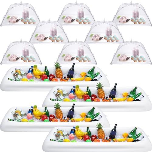 Lewtemi 4 Pcs Inflatable Serving Bars and 12 Pieces Food Umbrella Mesh Cover Collapsible Food Tent Inflatable Cooler with Drain Plug Drink Salad Buffet Tray for Indoor Outdoor Party BBQ Pool (White)