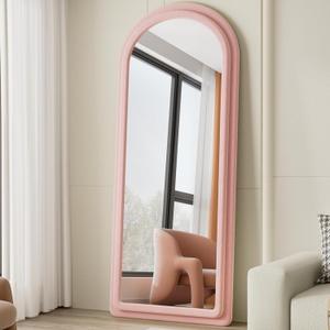 Floor Mirror, Full Length Mirror with Stand, 63"x24" Freestanding Arched Mirror Full Length Hanging or Leaning, Wall Mounted Mirrors with Flannel Frame, Large Mirrors for Bedroom (Pink)