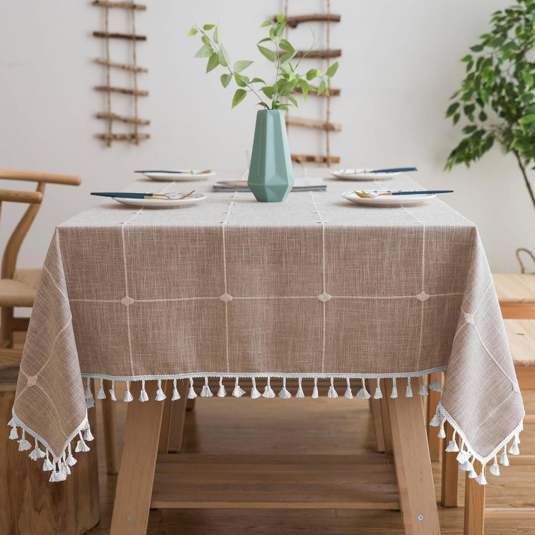 Oubonun Cotton Linen Rectangular Tablecloth - Wrinkle Resistant & Waterproof - Machine Washable Table Cloth with Tassels for Kitchen & Dining, 55''x70'', 4-6 Seats (Light Coffee Plaid)
