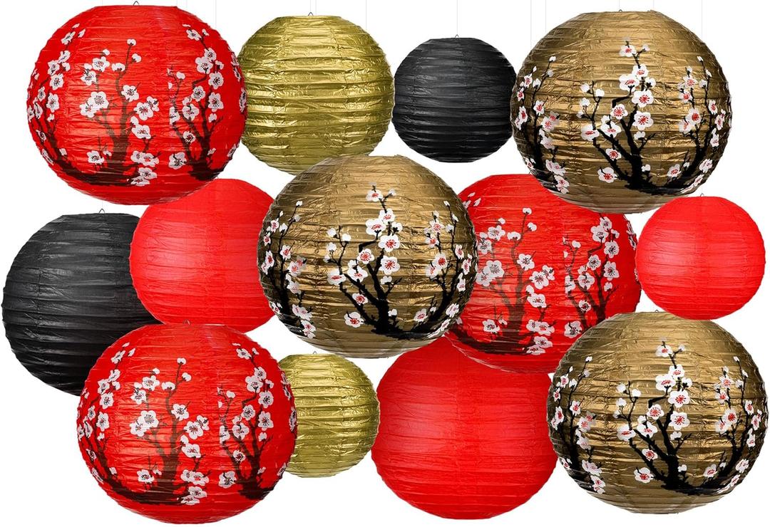 13 Pcs Chinese Japanese Paper Lantern Red Cherry Blossom Decorative Hanging Lantern Hibachi Party Decorations for Chinese New Year Home Restaurant Wedding Decor(Mixed Color)