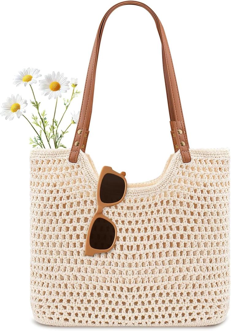 Peicees Crochet Beach Bag Purse, Boho Woven Tote with Leak-Proof Lining For Summer Vacation Travel Casual Shoulder Bag Soft