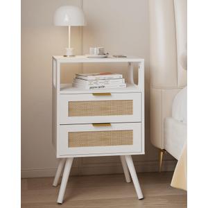 JOONEE Rattan Nightstand,Farmhouse Bedside Table with 2 Storage Drawer and Open Wood Shelf, for Bedroom and Small Spaces,Night Stand with Solid Wood Legs (White)