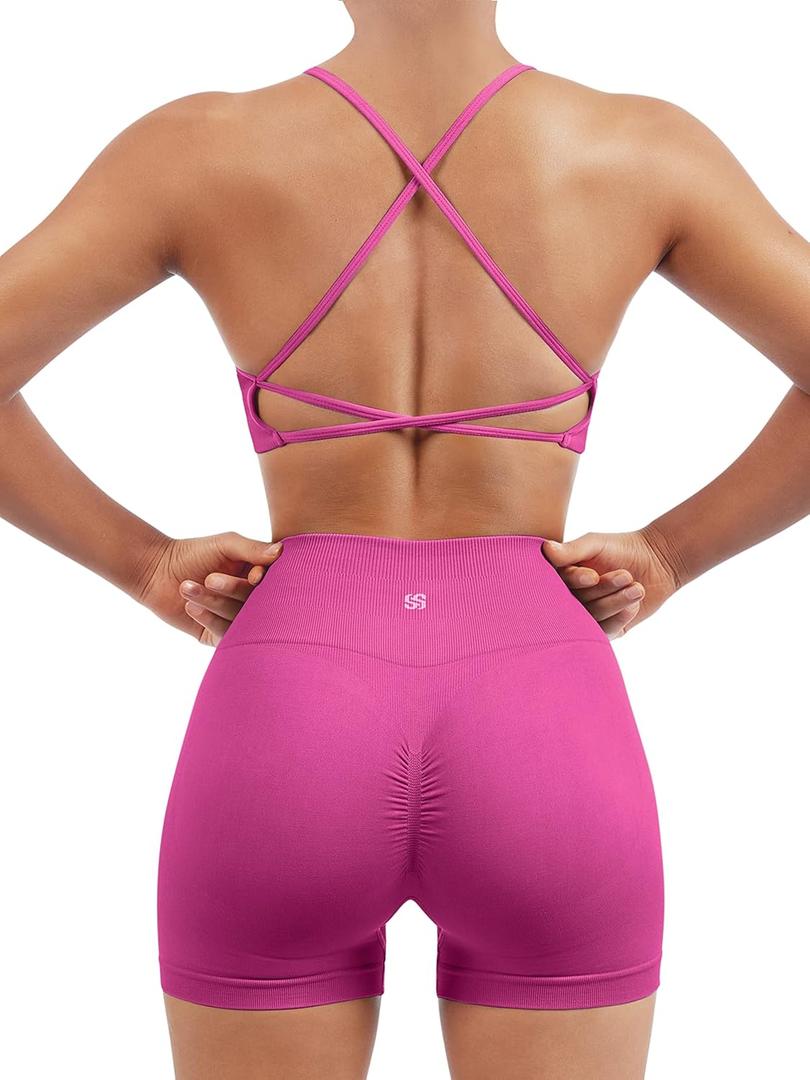 SUUKSESS Women Seamless 2 piece Workout Sets Strappy Padded Sports Bra Booty High Waisted Shorts Outfits (Hot Pink, S)