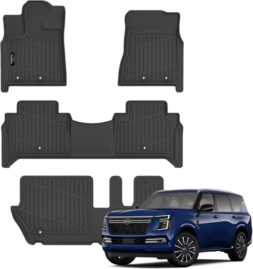 Floor Mats Custom for Nissan Armada 2025-2026 / Infiniti QX80 (Only for 8-Seat) All Weather TPE Protection 1st & 2nd & 3rd Row Anti-Slip Automotive Floor Liners for Armada 2025 Accessories, Black