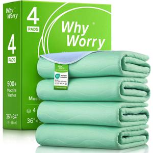 WhyWorry Washable Bed Pads for Adult Incontinence, 34" x 36" (Pack of 4) Washable Pee Pads for Bed Wetting, Heavy Absorbency Reusable Underpads for Elderly & Kids, Waterproof Mattress Protector, Green