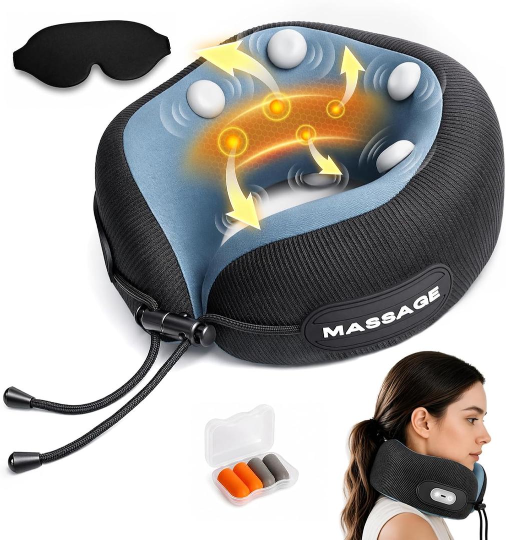 Travel Neck Pillow with Massage & Heat, U-Shaped Neck Massager with 8-Point Vibration, Eye Mask and Earplugs Set Ergonomic Memory Foam, Ideal for Travel, Office, Home