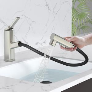 MIAOHUI Pull Out Single Hole Bathroom Faucet, 3 Spray Mode Single Handle Bathroom Faucets for Sink 1 Hole, Bathroom Sink Faucet with Pull Down Sprayer, Vanity Faucet with Fountain Mode, Brushed Nickel (Regular) MIAOHUI Pull Out Single Hole Bathroom Faucet, 3 Spray Mode Single Handle Bathroom Faucets for Sink 1 Hole, Bathroom Sink Faucet with Pull Down Sprayer, Vanity Faucet with Fountain Mode, Brushed Nickel (Regular)