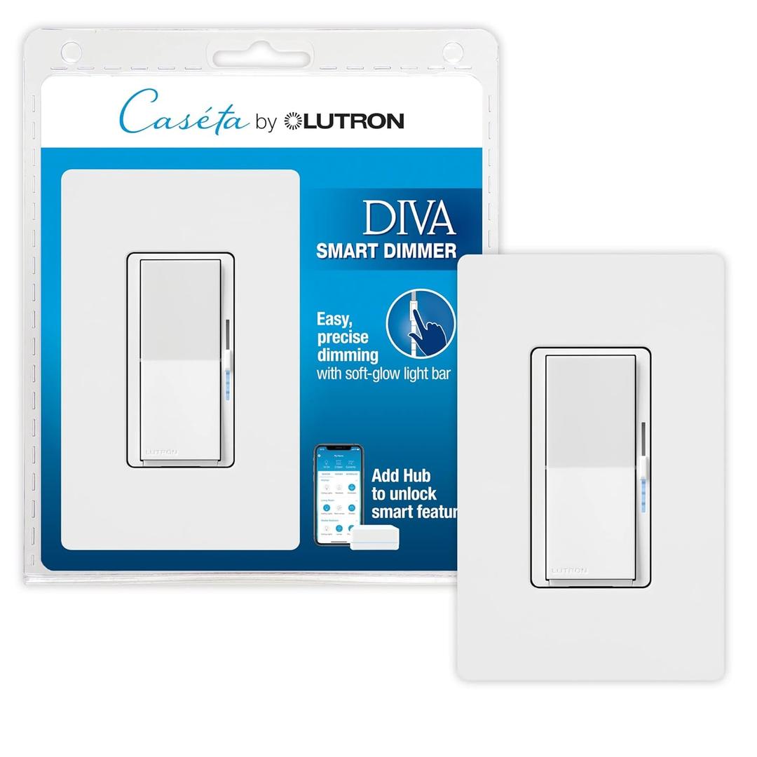 Lutron Diva Smart Dimmer Switch for Caseta Smart Lighting (Lutron Smart Hub Required) w/ Wall Plate, for LED Lights, 150 Watt, Single-Pole/3Way, No Neutral Required, DVRFW-6L-WH-A, White