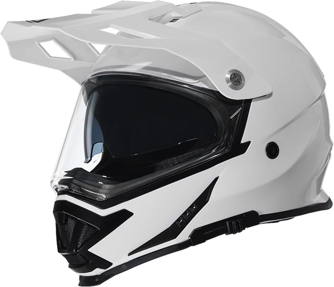 TRIANGLE Dual Sport Motorcycle Helmet Dirt Bike Helmets ATV Full Face Helmet for Adults Men with Internal Sunshield DOT Approved (Large, Glossy White)