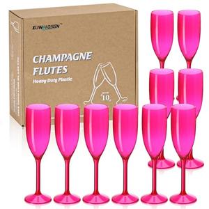 XUWAIDSGN Champagne Flute Acrylic Champagne Glasses Wedding Toasting Champagne Flute Goblet Plastic Reusable Unbreakable Champagne Cups for Bachelorette Wedding Bridal Shower Party (Hot Pink, 10)