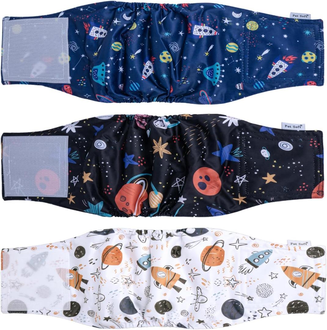Pet Soft Dog Belly Band - 3 Packs Reusable Dog Diapers Male Doggy Diapers Wraps - Washable Dogs Belly Bands for Male Dogs (Starry Sky, L)