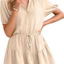 Simplee Womens Cute Summer Rompers - Casual V Neck Short Sleeve Ruffle Boho Romper Dresses Beach Outfits (Beige, M)
