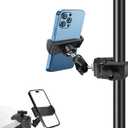 Phone Holder for Mic Stand, Treadmill, Spin Bike, Stroller, Adjustable Clamp on Phone Holder for Microphone Stand, Desk Pipe Pole Clamp Phone Mount Stands for iPhone Samsung All Smartphones (Standard)
