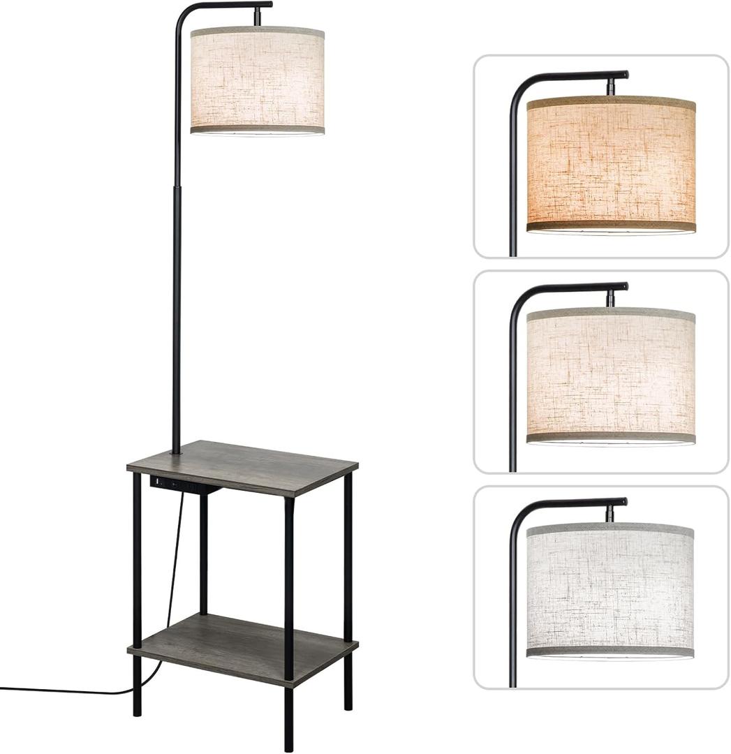 Floor Lamp with Table, End Table Lamp with USB Charging Port Power Outlet and Shelves, Side Table Reading Light with 3 Color Temperature Led Bulb Included, Floor Lamps for Living Room, Gray