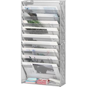 10-Tier Wall File Organizer, Hanging Mail Organizer Wall Mounted Paper Document Holder, Metal Clipboard Storage Basket for Office Home School Organization, Silver