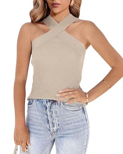 Womens Criss Cross Halter Sweater Vest Tops Summer Sleeveless Pullover Casual Lightweight V Neck Knit Tank Top Khaki Medium Womens Criss Cross Halter Sweater Vest Tops Summer Sleeveless Pullover Casual Lightweight V Neck Knit Tank Top Khaki Medium