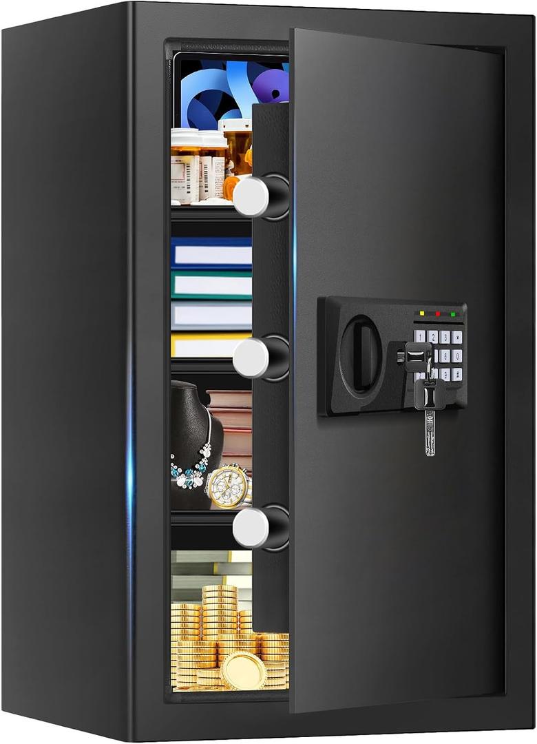5.2 Cu Ft Large Home Safe Box Fireproof Waterproof, Personal Security Safe with Digital Keypad, Spare Keys, Alarm System and 3 Removable Shelves, Fire Document Safes for Home Money Medicine Valuables