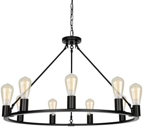 Senyshilon 9-Lights Farmhouse Chandelier | Dia 32'' Black Wagon Wheel Chandelier | Rustic Hanging Dining Room Light Fixture | Apply to Living Room | Kitchen Island | Entryway | Foyer - Missing Pieces