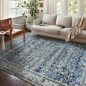 Blue Area Rug for Living Room 8'x10' Washable Vintage Farmhouse Big Large Boho Distressed Carpet Rugs for Bedroom,Light Blue and Cream Polyester Rayon Cotton Blend
